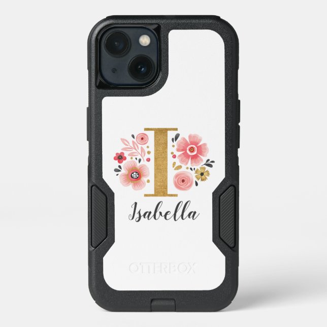 Gold Pink Girly Monogram Floral Initial Letter I Otterbox iPhone Case (Back)