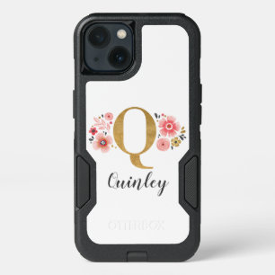 Gold Pink Girly Monogram Floral Initial Letter Q iPhone 13 Case