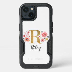 Gold Pink Girly Monogram Floral Initial Letter R iPhone 13 Case