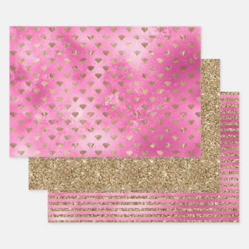 Gold Pink Glam Diamonds Glitter Wrapping Paper Sheets