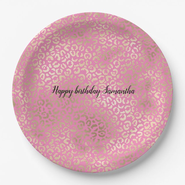 Gold Pink Glam Leopard Print Paper Plates (Front)
