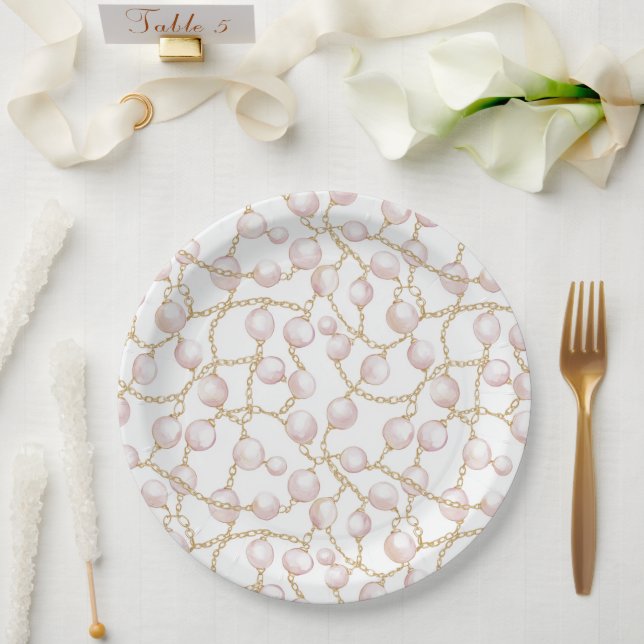 Gold Pink Glam Pearls Bridal Shower Paper Plates (Wedding)