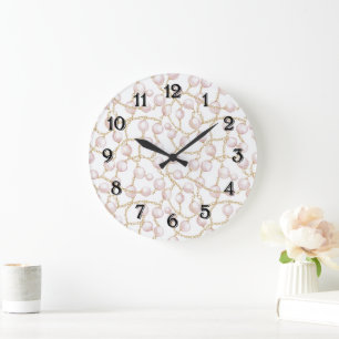 Gold Pink Glam Pearls Large Clock