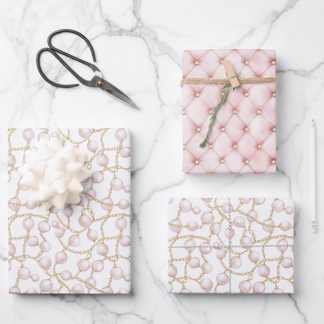 Gold Pink Glam Pearls   Wrapping Paper Sheets (Front)