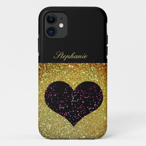 Gold Pink Glitter Black Monogram Name Heart Cute iPhone 11 Case