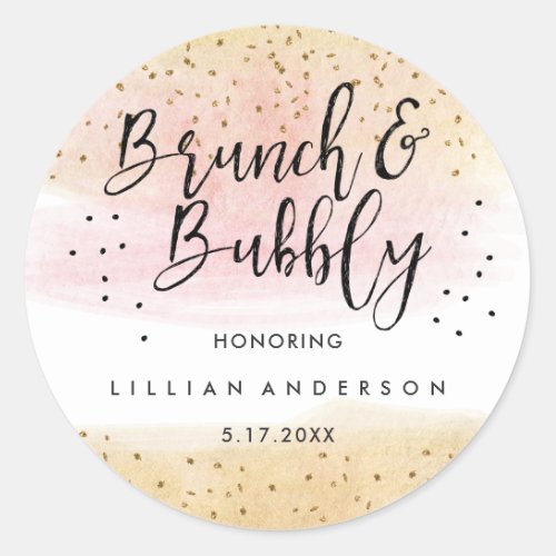 Gold Pink Glitter Brunch and Bubbly Bridal Shower Classic Round Sticker