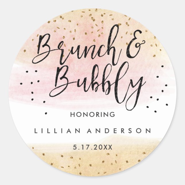 Gold Pink Glitter Brunch and Bubbly Bridal Shower Classic Round Sticker (Front)
