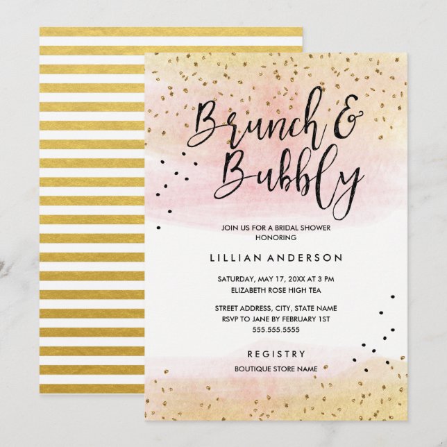 Gold Pink Glitter Brunch and Bubbly Bridal Shower Invitation (Front/Back)