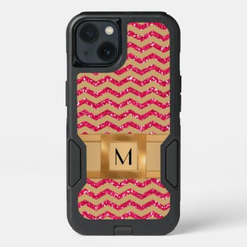 Gold & Pink Glitter Chevron Gold Band Defender Iphone 13 Case by CoolestPhoneCases at Zazzle