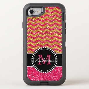 Gold & Pink Glitter Chevron Personalized Defender OtterBox Defender iPhone SE/8/7 Case