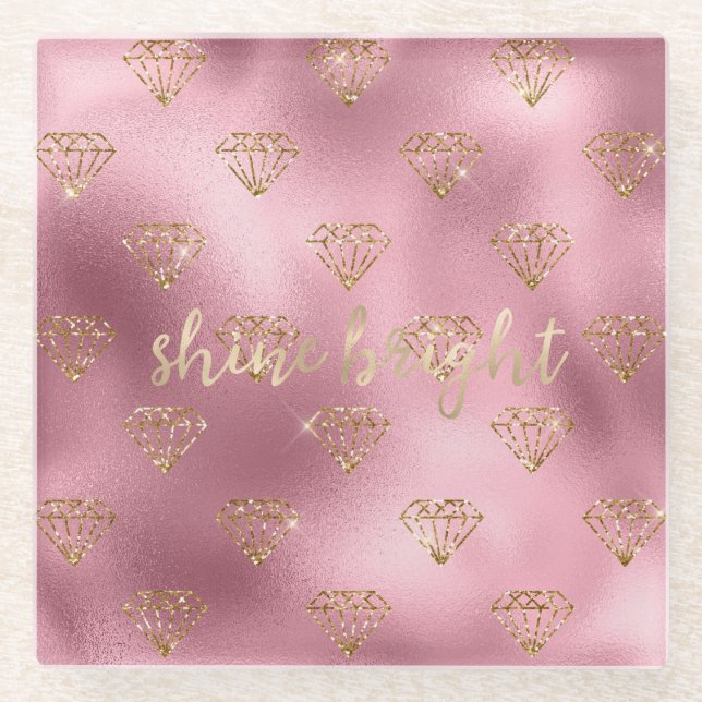 Gold Pink Glitter Diamonds    Glass Coaster (Front)