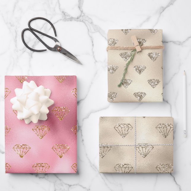 Gold Pink Glitter Diamonds                Wrapping Paper Sheets (Front)