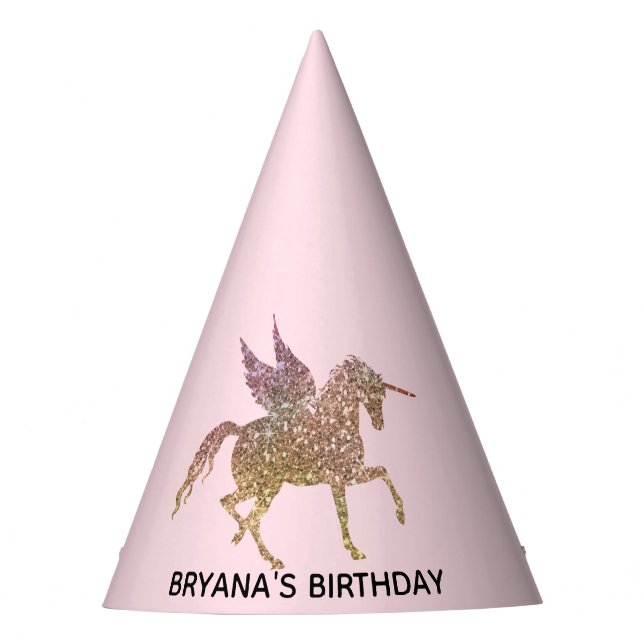 Gold Pink Glitter Flying Unicorn Birthday Party Party Hat (Front)