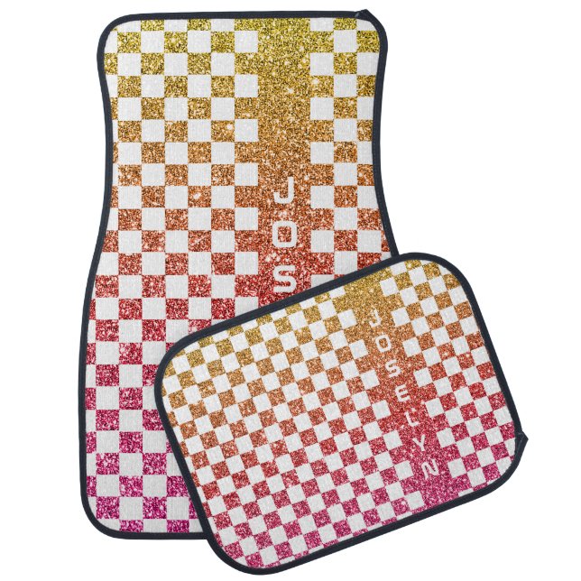 Gold Pink Glitter Girly Checkered Racing Flag Name Car Floor Mat (Set)