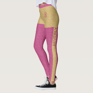 Gold Pink Glitter Girly Custom Text & Monogram Leggings