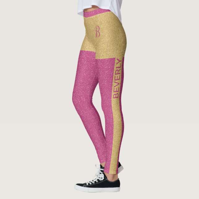 Gold Pink Glitter Girly Custom Text & Monogram Leggings (Left)