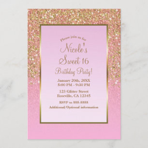 Gold & Pink Glitter Glam Shine Sweet 16 Party Invitation