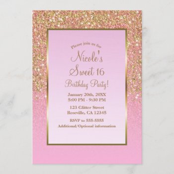 Gold & Pink Glitter Glam Shine Sweet 16 Party Invitation by printabledigidesigns at Zazzle