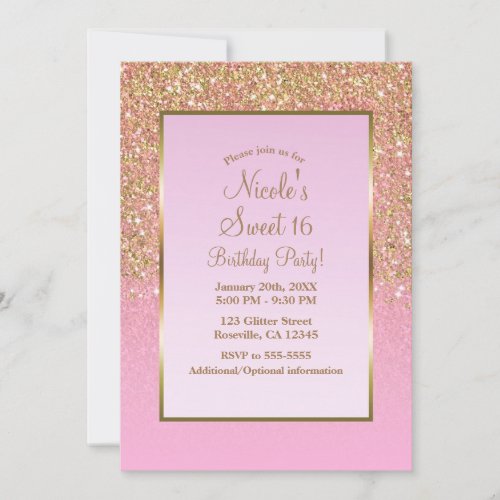 Gold  Pink Glitter Glam Shine Sweet 16 Party Invitation