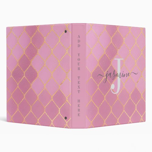 Gold  Pink Glitter Monogram Script 3 Ring Binder