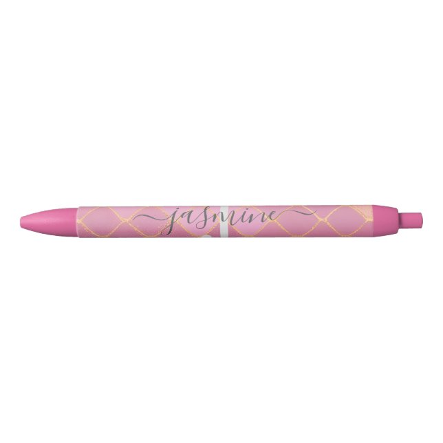 Gold & Pink Glitter Monogram Script Pen (Front)