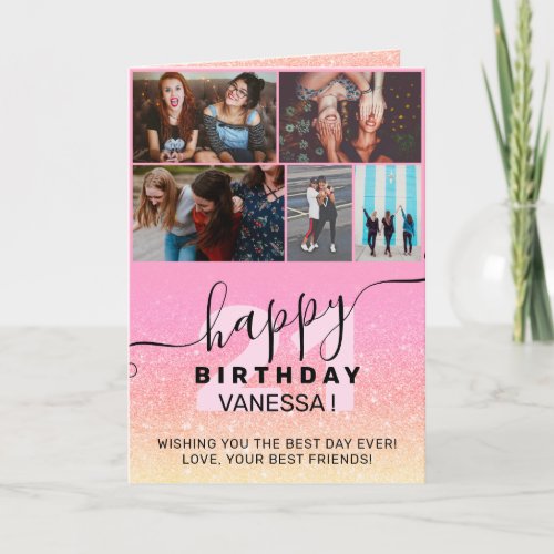 Gold pink glitter ombre birthday photos grid card