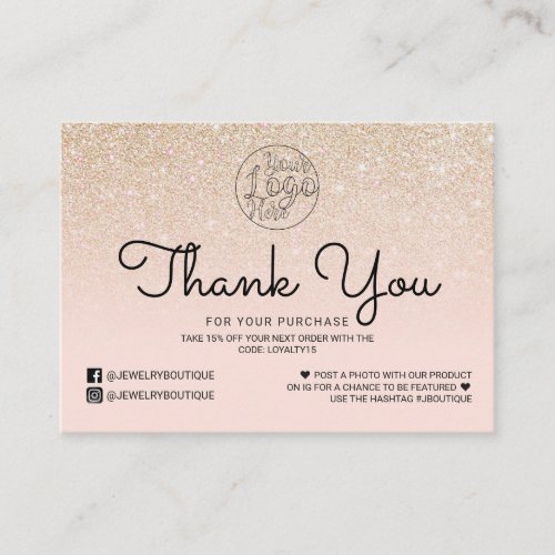Gold Pink Glitter Ombre Customer Thank You Business Card