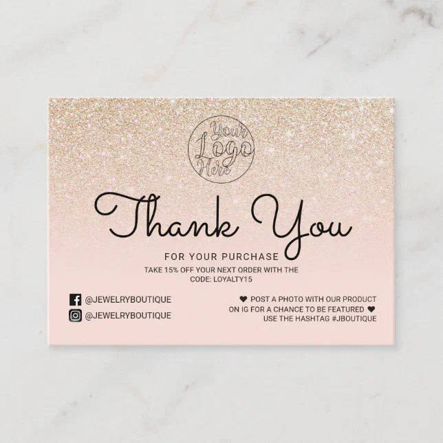 Gold Pink Glitter Ombre Customer Thank You Business Card | Zazzle