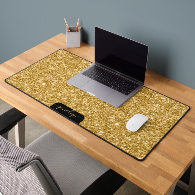 Gold pink glitter texture and sparkles, monogram desk mat (Office 2)