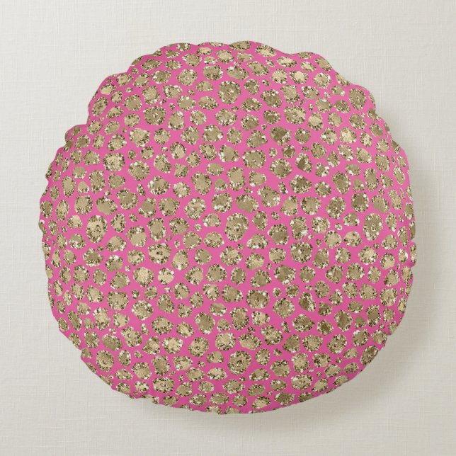 Gold Pink Glitz Leopard Print Round Pillow (Front)