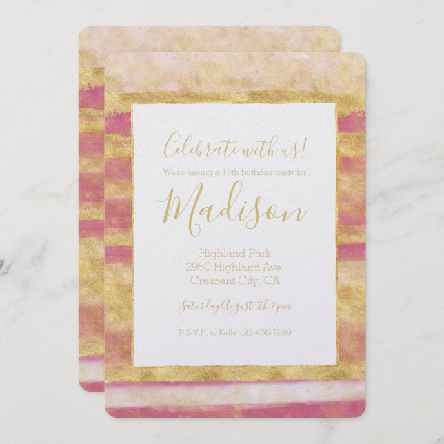 Gold Pink Glitz Stripes Invitation (Front/Back)