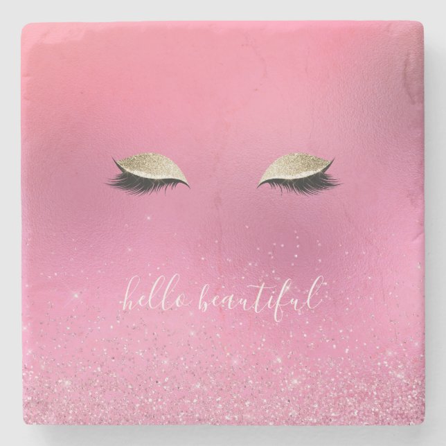 Gold Pink Glitzy Eyes Stone Coaster (Front)