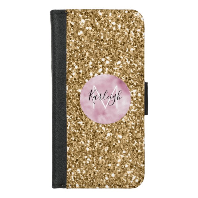 Gold Pink Glitzy Glitter Monogram iPhone Wallet Case (Front)