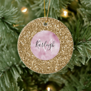 Gold Pink Glitzy Glitter Monogram personalized Ceramic Ornament
