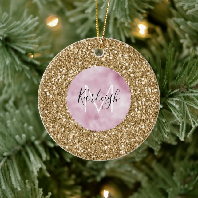 Gold Pink Glitzy Glitter Monogram personalized Ceramic Ornament (Tree)