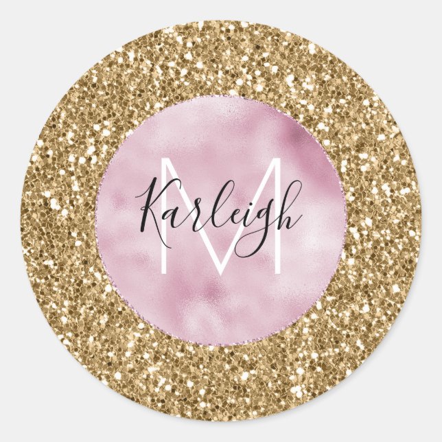 Gold Pink Glitzy Glitter Monogram personalized Classic Round Sticker (Front)