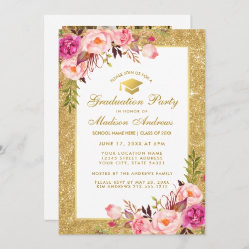 Gold Pink Graduation Party Invite _ Photo Back