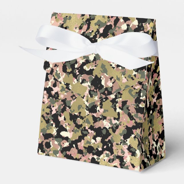 Gold Pink Green Black Camouflage Birthday Party Favor Boxes (Front Side)