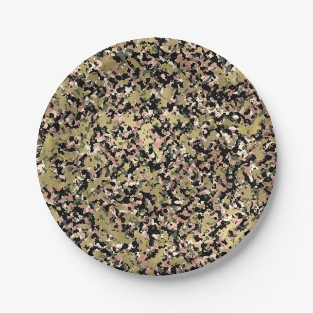 Gold Pink Green Black Camouflage Birthday Party Paper Plates (Front)