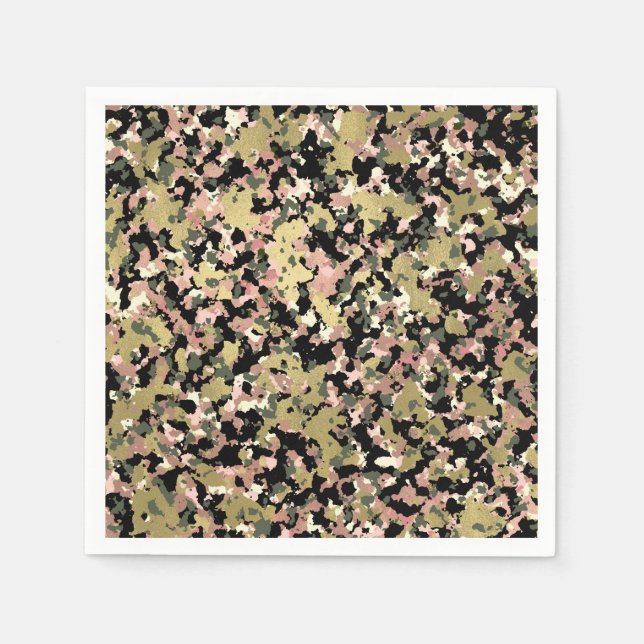 Gold Pink Green Black Camouflage Pattern Party Napkins (Front)