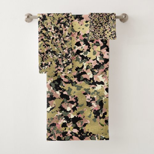 Gold Pink Green Black Camouflage Pattern Print Bath Towel Set