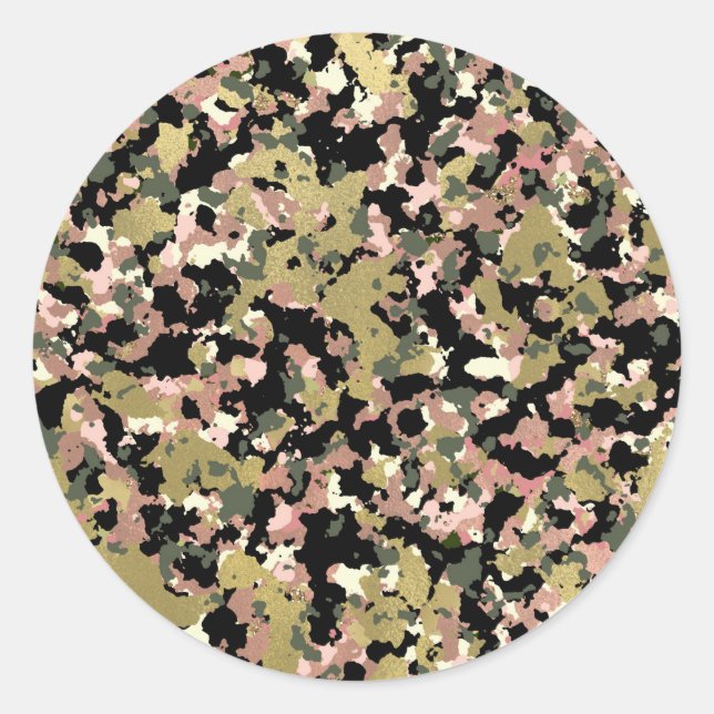 Gold Pink Green Black Camouflage Pattern Print Classic Round Sticker (Front)