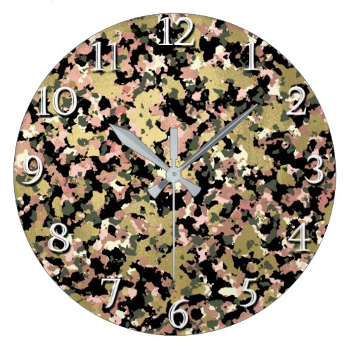 Gold Pink Green Black Camouflage Pattern Print Large Clock