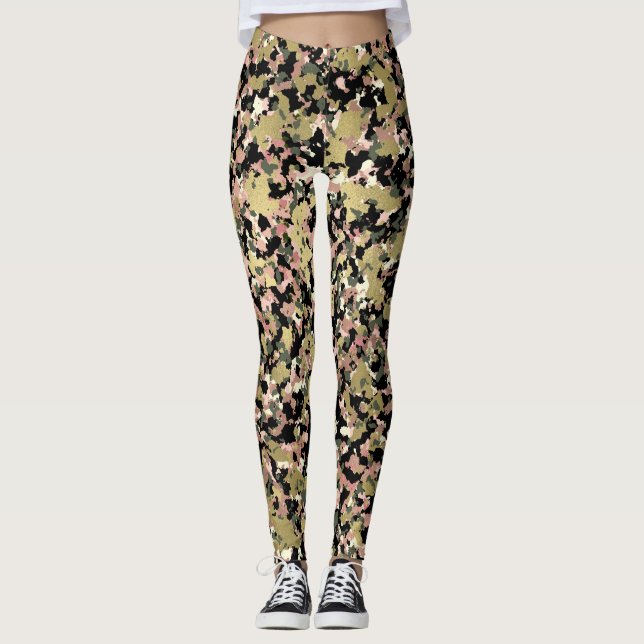 Gold Pink Green Black Camouflage Pattern Print Leggings (Front)