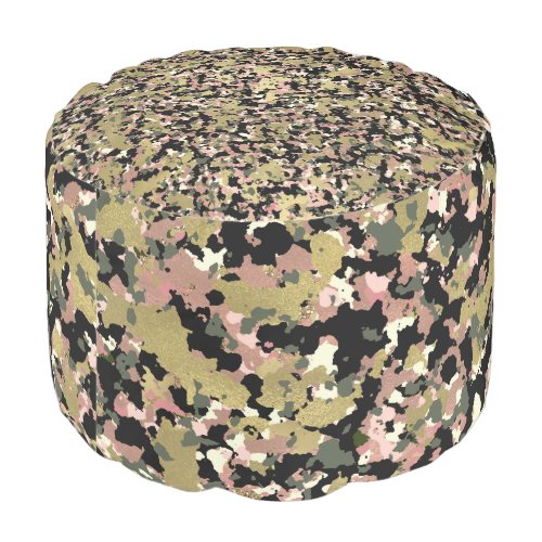 Gold Pink Green Black Camouflage Pattern Print Pouf