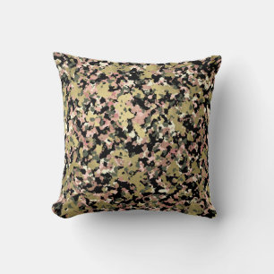 Gold Pink Green Black Camouflage Pattern Print Throw Pillow