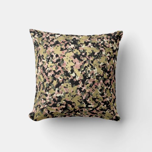 Gold Pink Green Black Camouflage Pattern Print Throw Pillow