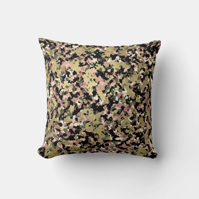 Gold Pink Green Black Camouflage Pattern Print Throw Pillow (Front)