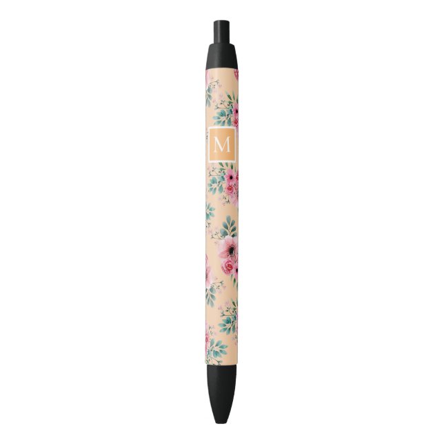 Gold | Pink & Green Floral Monogram Pen (Front Vertical)