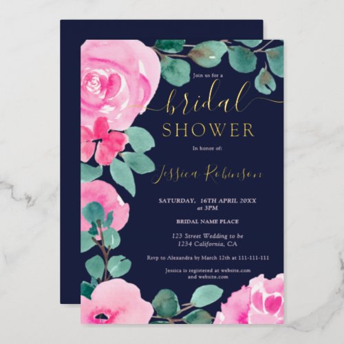 Gold pink green floral watercolor bridal shower foil invitation
